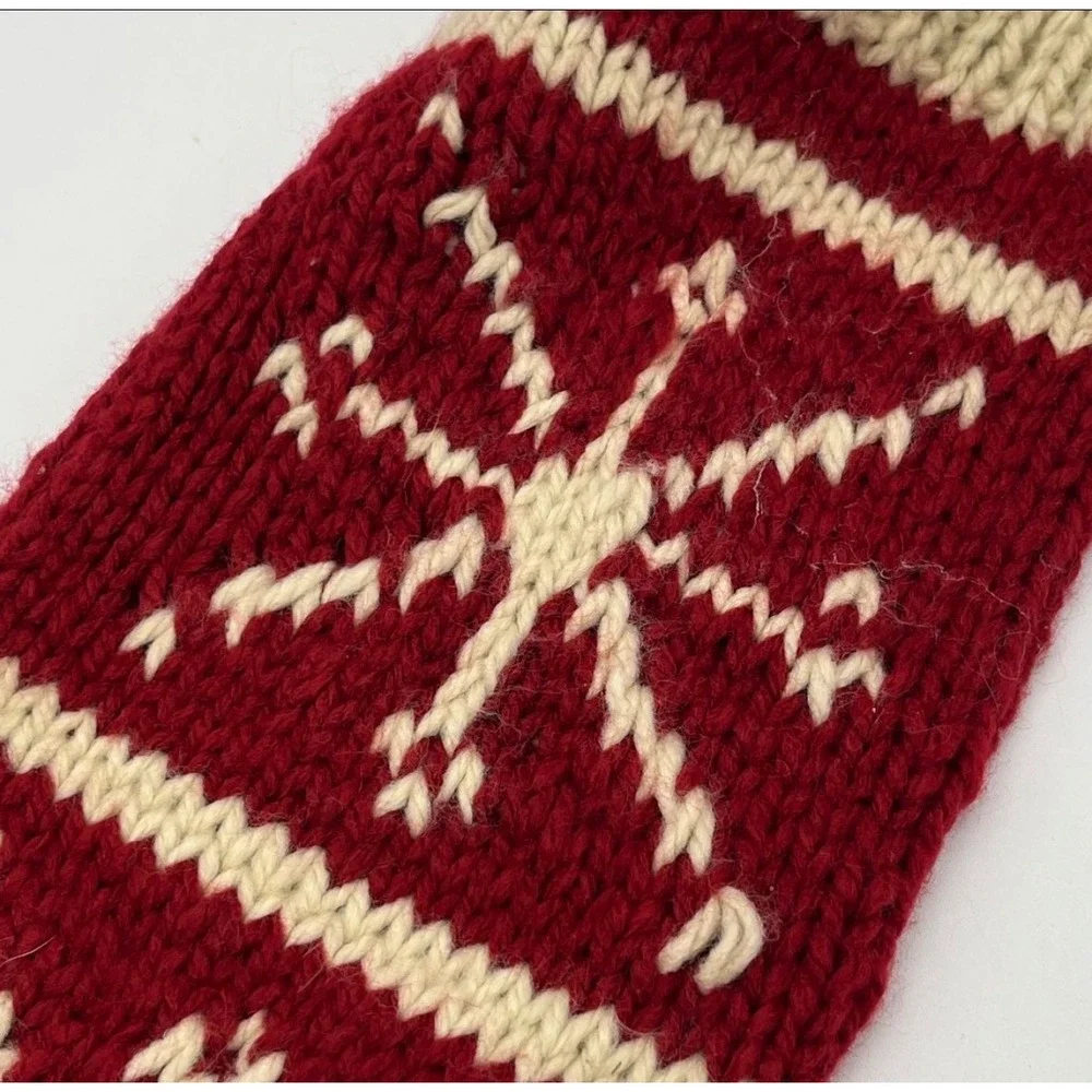 POTTERY BARN Christmas Stocking Red Ivory Chunky Knit‎ Snowflake Bells Holiday